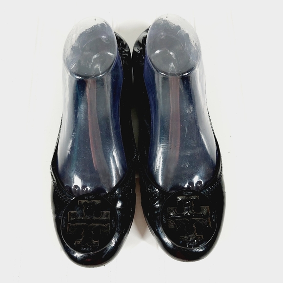 Tory Burch Black Patent Leather Reva Scrunch Ballet Flats A25 - Picture 1 of 15